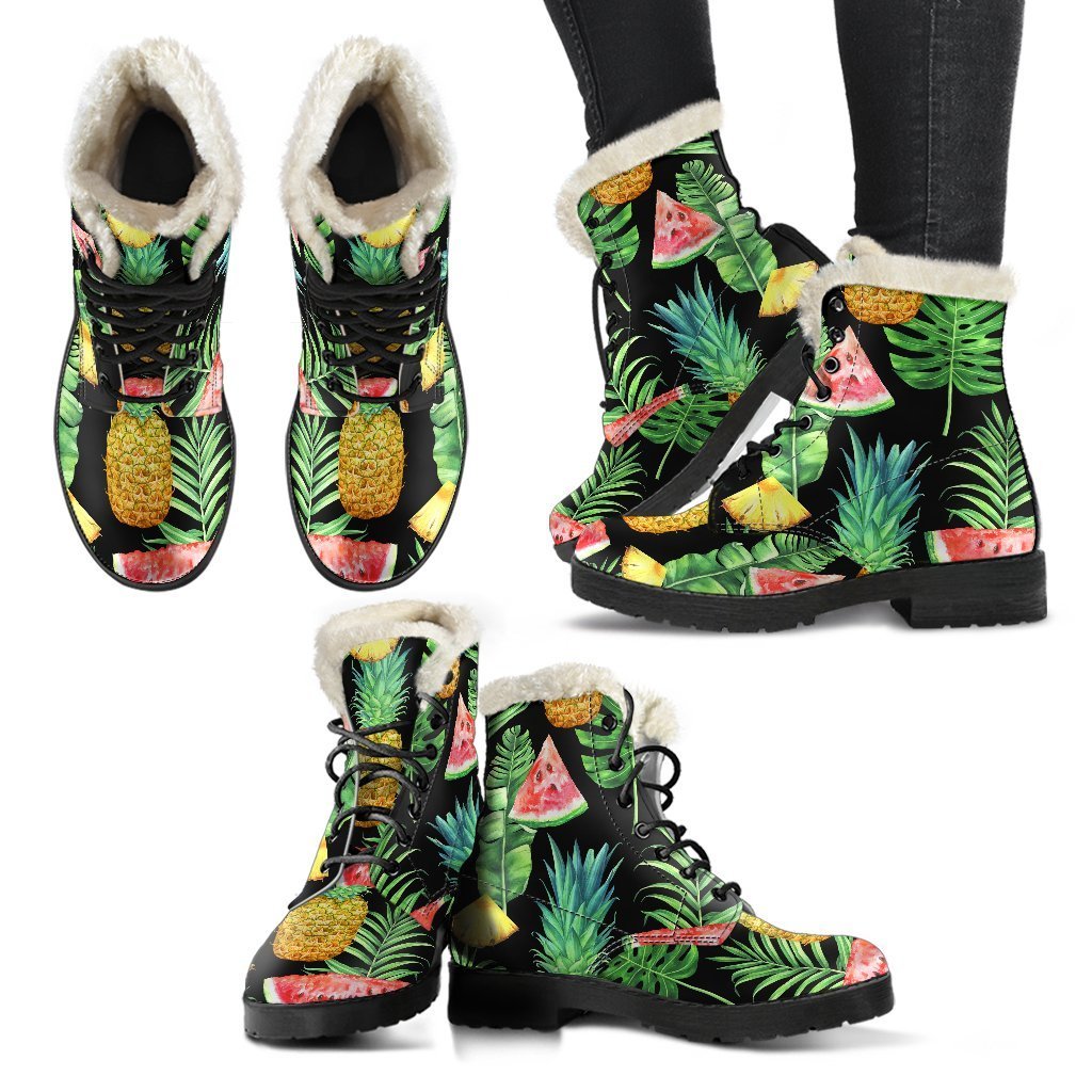 Boho Bliss: Black Tropical Pineapple Pattern Faux Fur Leather Boots - 2