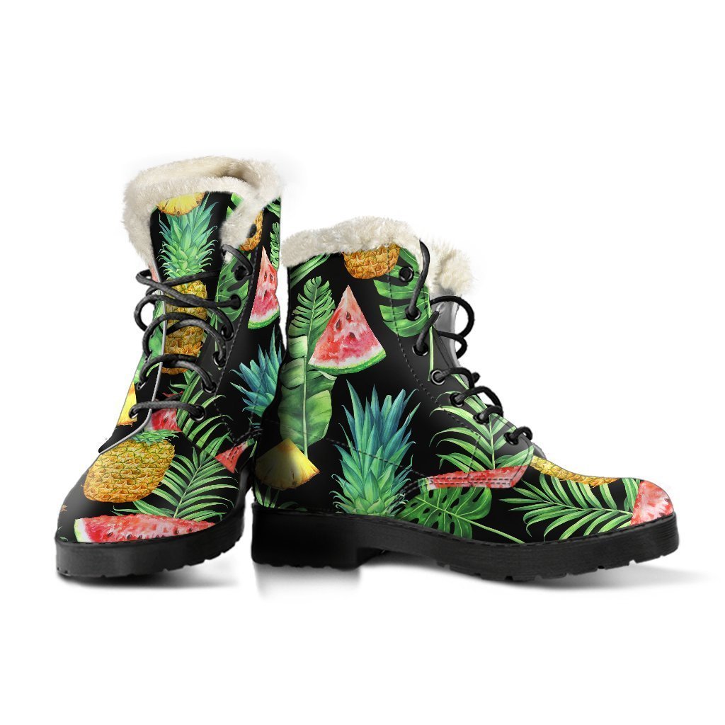 Boho Bliss: Black Tropical Pineapple Pattern Faux Fur Leather Boots - 3