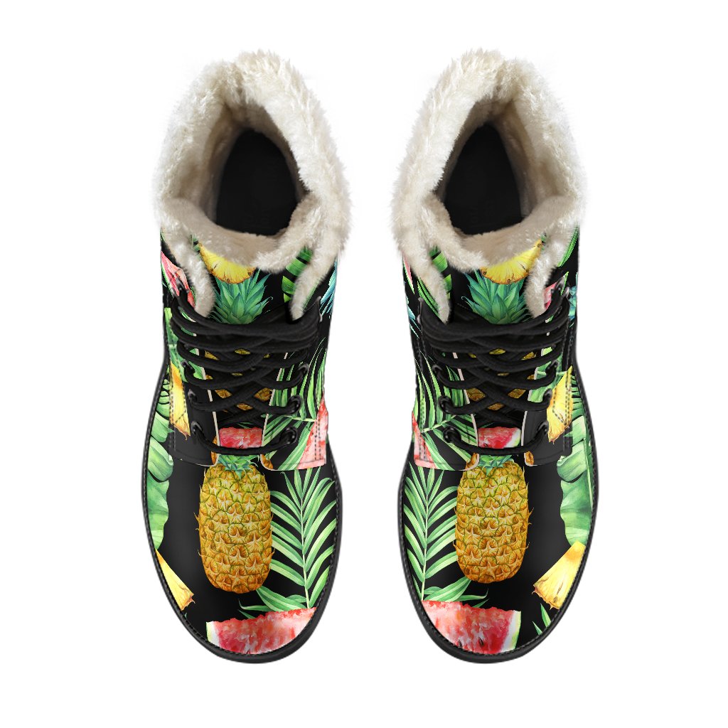 Boho Bliss: Black Tropical Pineapple Pattern Faux Fur Leather Boots - 4