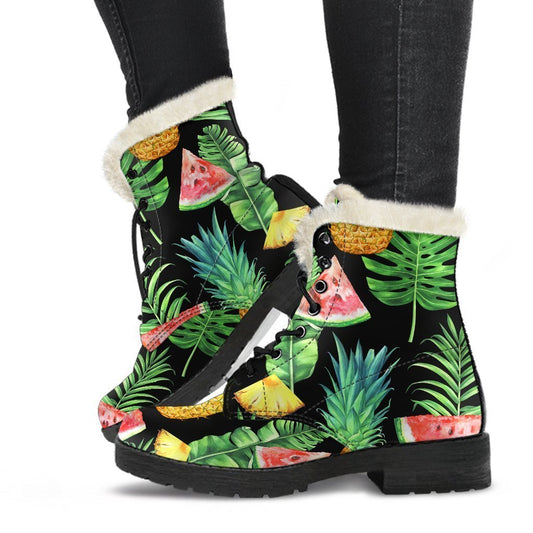 Boho Bliss: Black Tropical Pineapple Pattern Faux Fur Leather Boots - 1