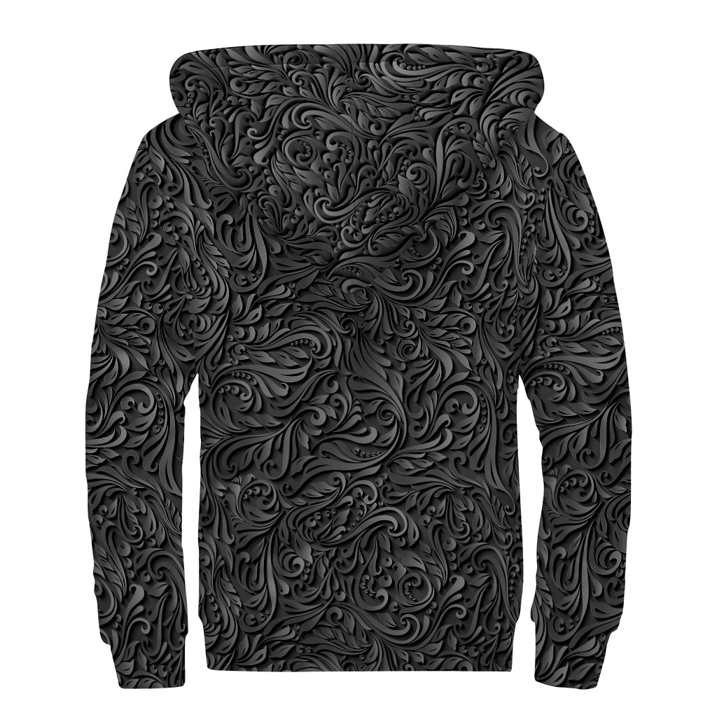 Black Western Damask Floral Print Sherpa Lined Zip Up Hoodie for Groovy Hippies - 2