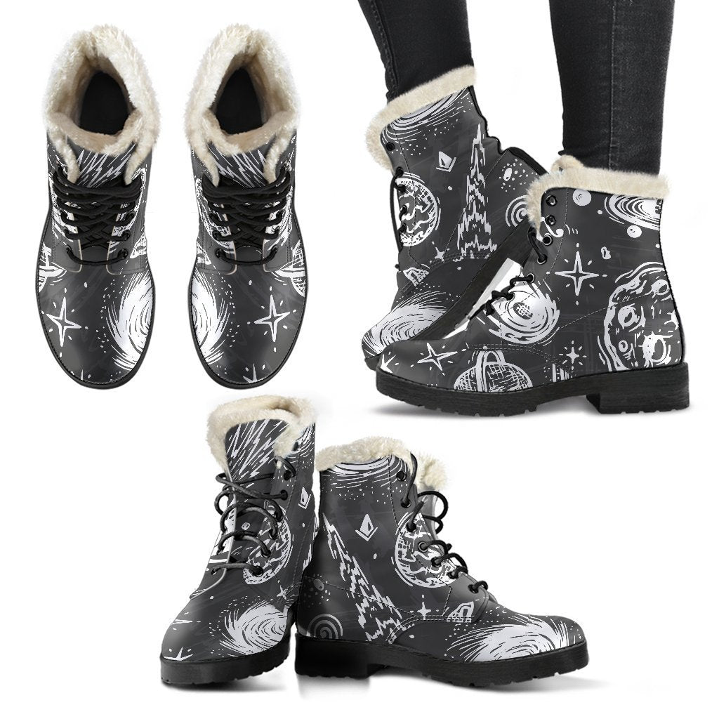 Black & White Galaxy Faux Fur Leather Boots for Stylish Hippies - 2