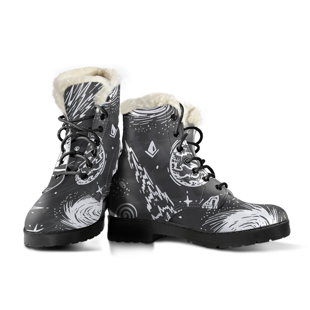 Black & White Galaxy Faux Fur Leather Boots for Stylish Hippies - 3