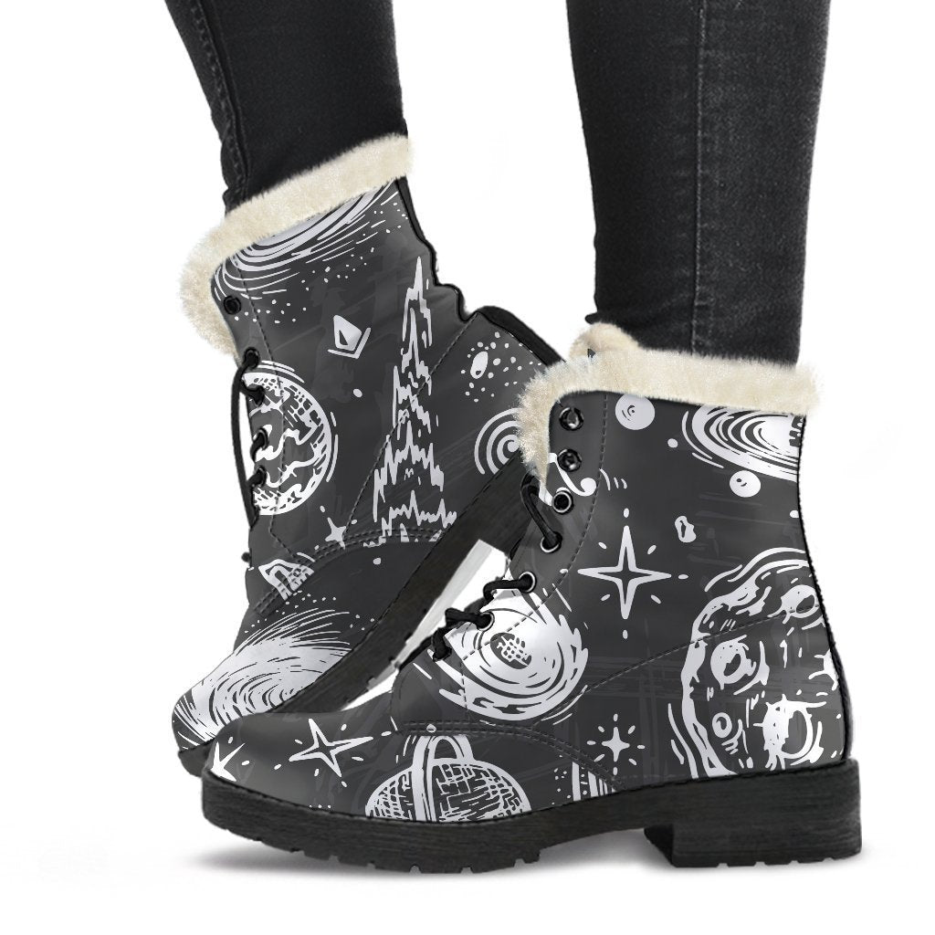 Black & White Galaxy Faux Fur Leather Boots for Stylish Hippies - 1