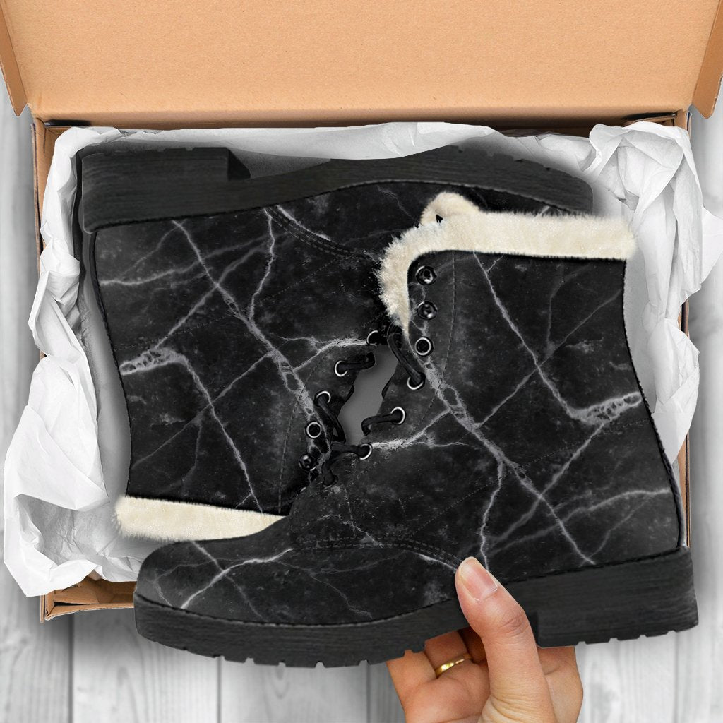 Cozy and Cool: Grunge Marble Print Faux Fur Leather Boots for Hippies - 5