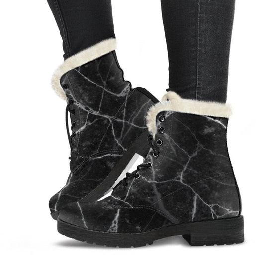 Cozy and Cool: Grunge Marble Print Faux Fur Leather Boots for Hippies - 1