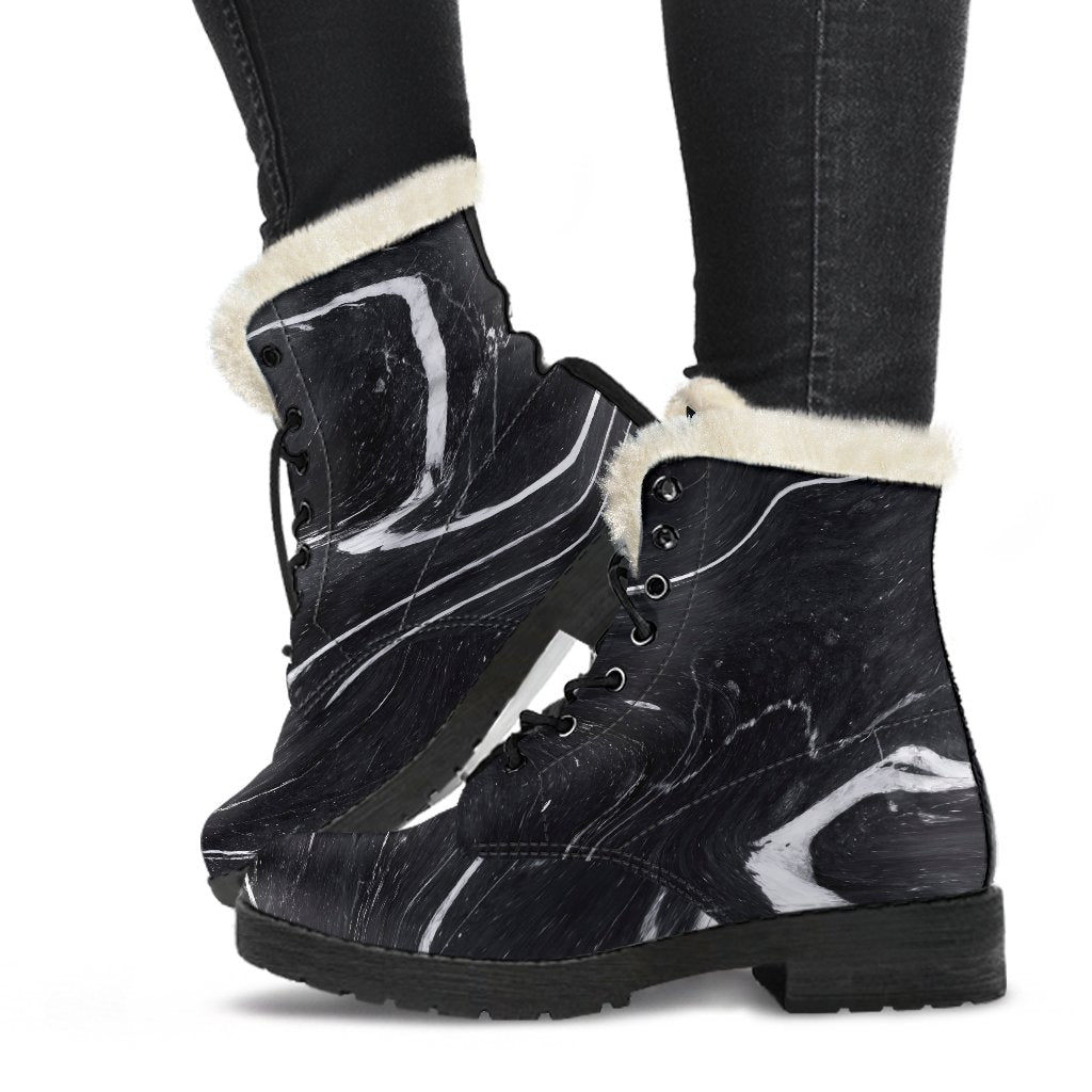 Groovy Hippie Faux Fur Leather Boots with Black and White Liquid Marble Print - 1