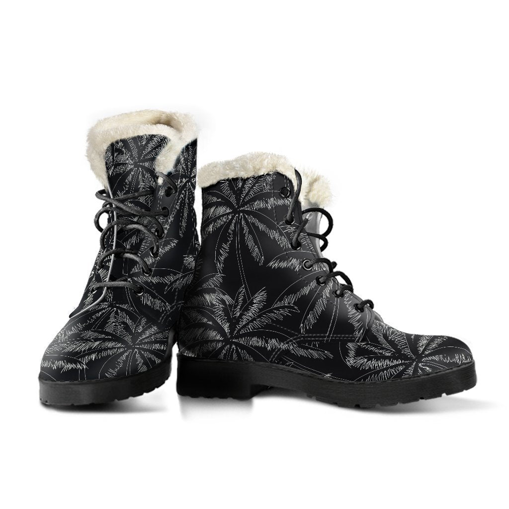 Step Out in Earth-Friendly Style with Black and White Palm Tree Print Faux Fur Leather Boots - 3