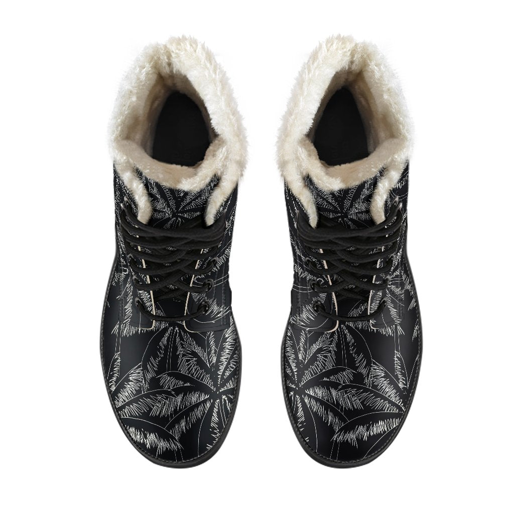 Step Out in Earth-Friendly Style with Black and White Palm Tree Print Faux Fur Leather Boots - 4