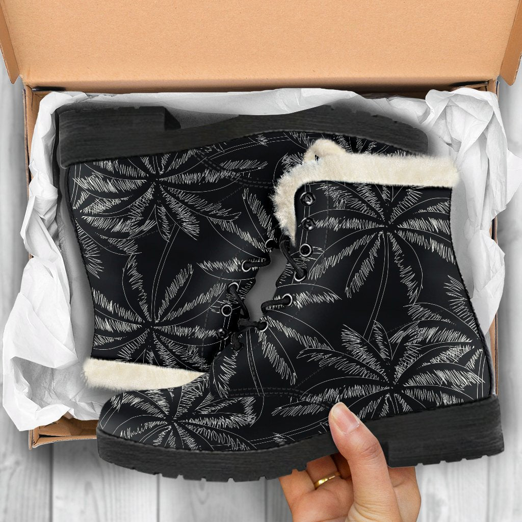 Step Out in Earth-Friendly Style with Black and White Palm Tree Print Faux Fur Leather Boots - 5