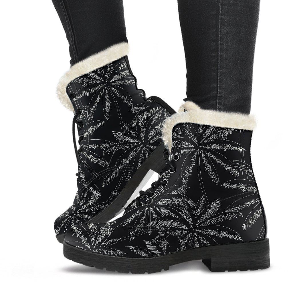 Step Out in Earth-Friendly Style with Black and White Palm Tree Print Faux Fur Leather Boots - 1