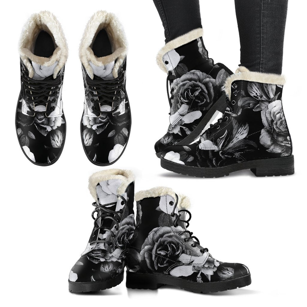 Black & White Rose Floral Faux Fur Leather Boots for Groovy Hippies - 2