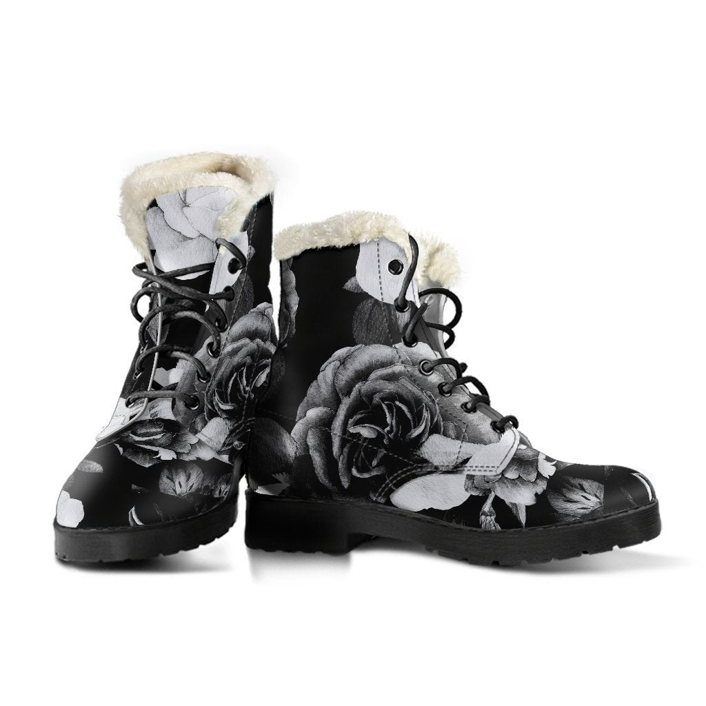 Black & White Rose Floral Faux Fur Leather Boots for Groovy Hippies - 3