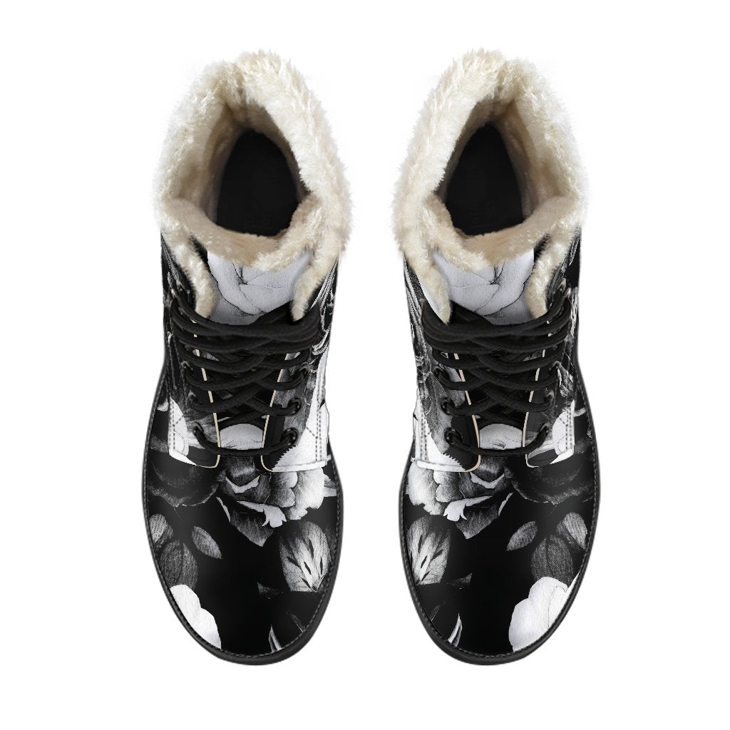 Black & White Rose Floral Faux Fur Leather Boots for Groovy Hippies - 4