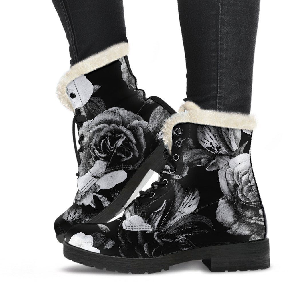 Black & White Rose Floral Faux Fur Leather Boots for Groovy Hippies - 1