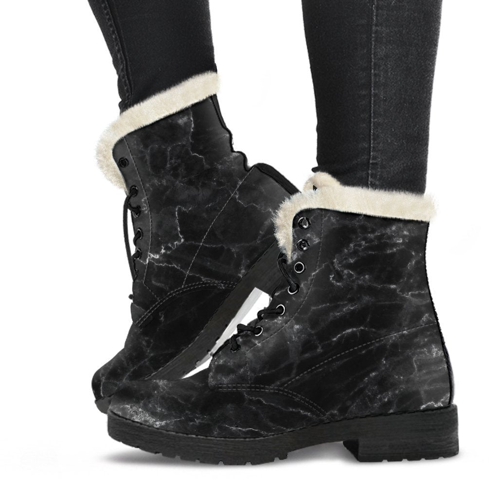 Groovy Vibes: Black White Smoke Marble Printed Faux Fur Leather Boots for Hippies - 1