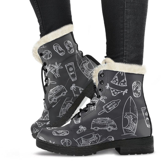 Groovy Vibes: Black and White Surfing Pattern Faux Fur Leather Boots for Hippies - 1