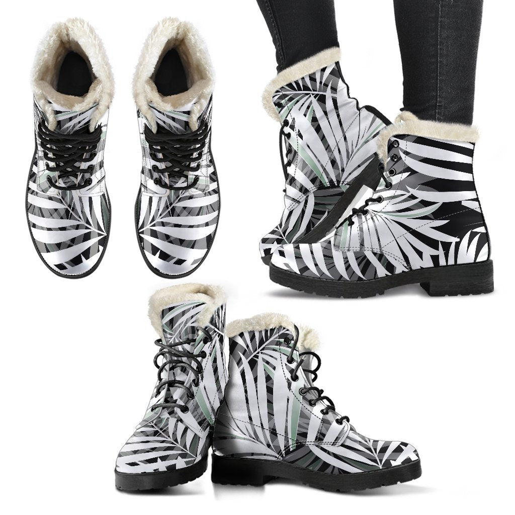 Step Out in Style: Black and White Tropical Leaf Faux Fur Leather Boots for the Free-Spirited Hippie - 2