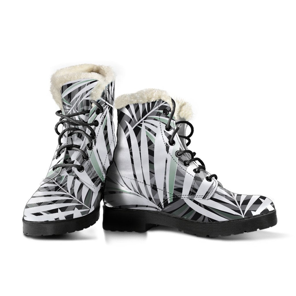 Step Out in Style: Black and White Tropical Leaf Faux Fur Leather Boots for the Free-Spirited Hippie - 3