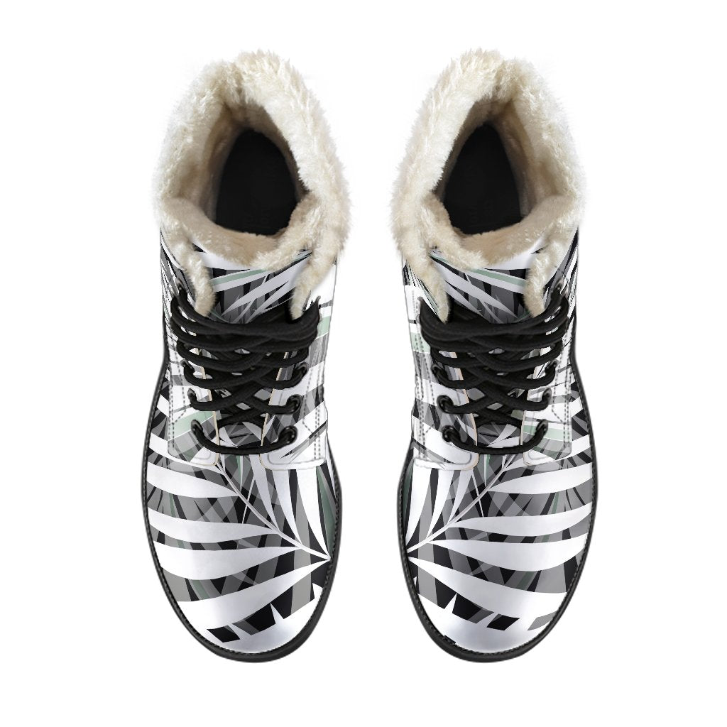 Step Out in Style: Black and White Tropical Leaf Faux Fur Leather Boots for the Free-Spirited Hippie - 4