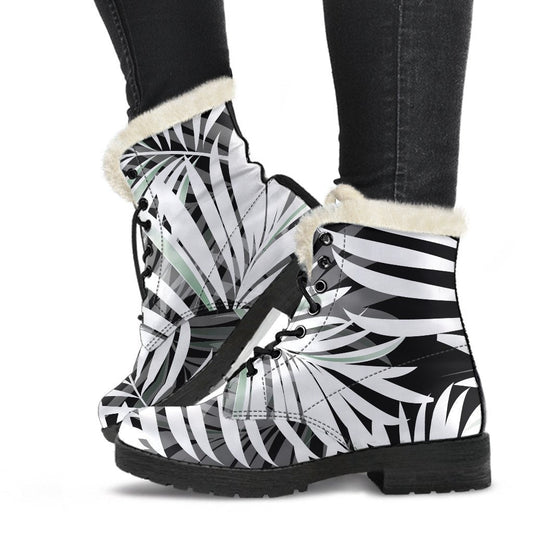 Step Out in Style: Black and White Tropical Leaf Faux Fur Leather Boots for the Free-Spirited Hippie - 1