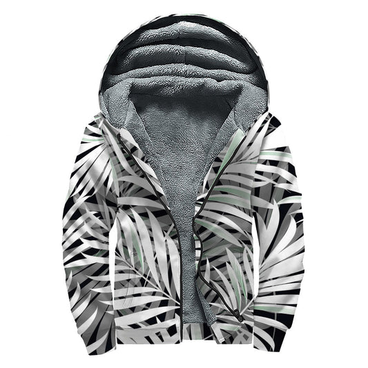 Groovy Vibes: Black & White Tropical Leaf Sherpa Hoodie - 1