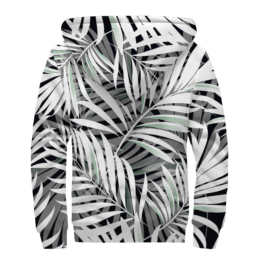 Groovy Vibes: Black & White Tropical Leaf Sherpa Hoodie - 2