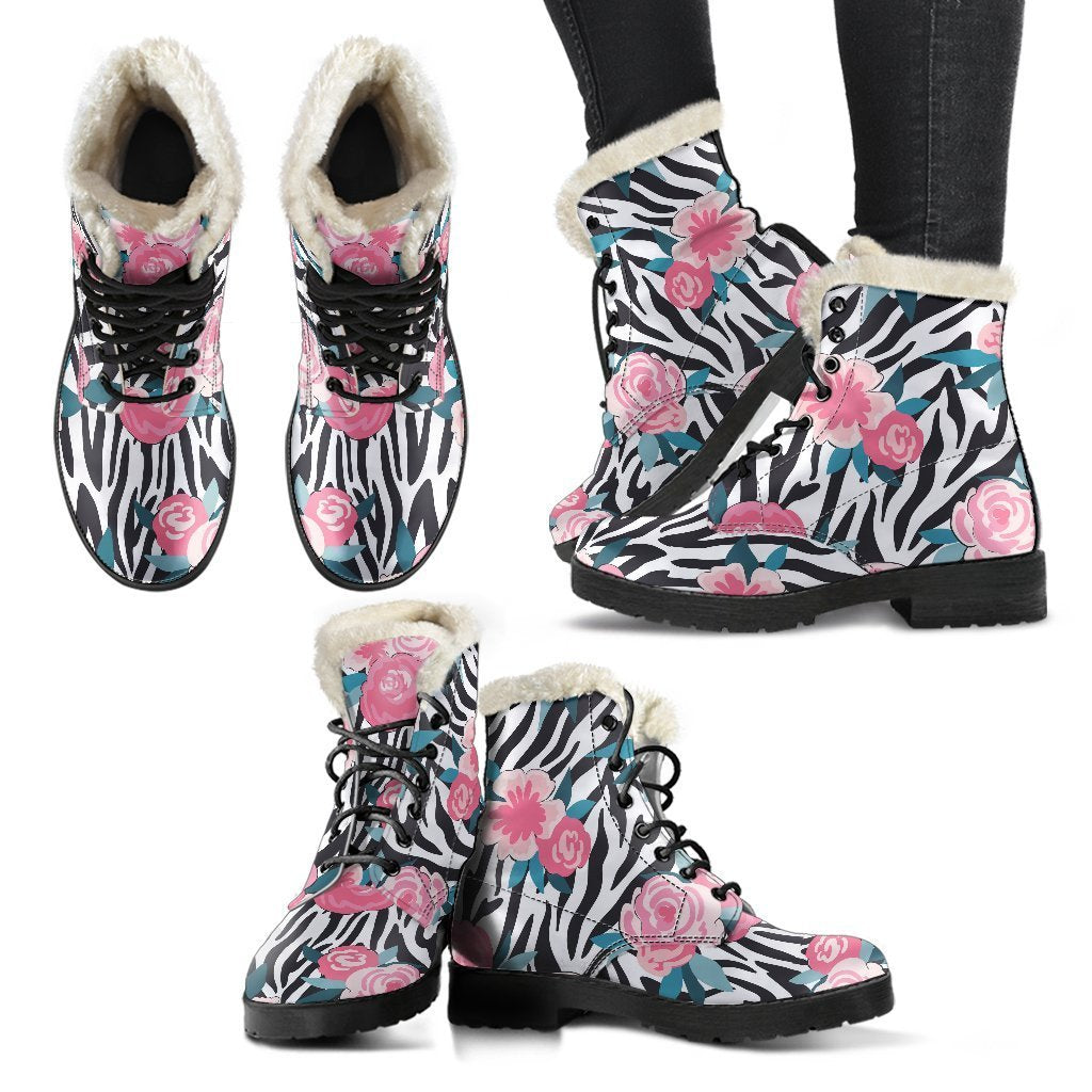 Zebra Floral Faux Fur Leather Boots for the Hippie Soul - 2