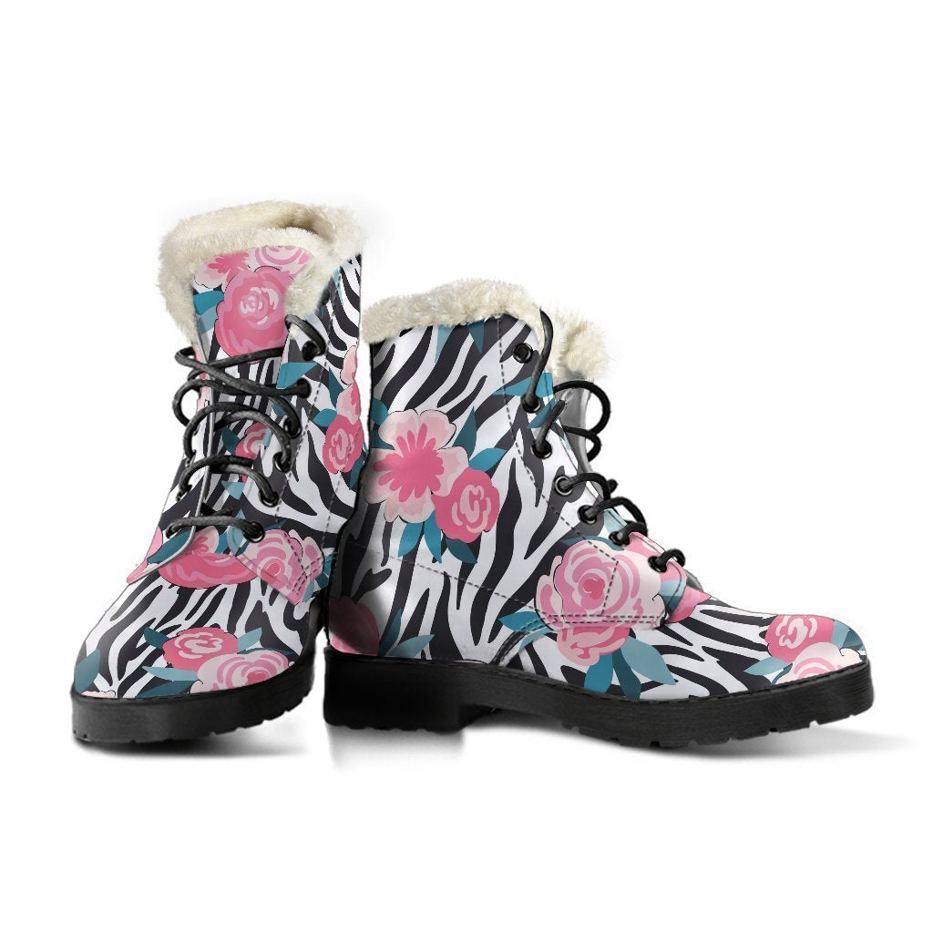 Zebra Floral Faux Fur Leather Boots for the Hippie Soul - 3