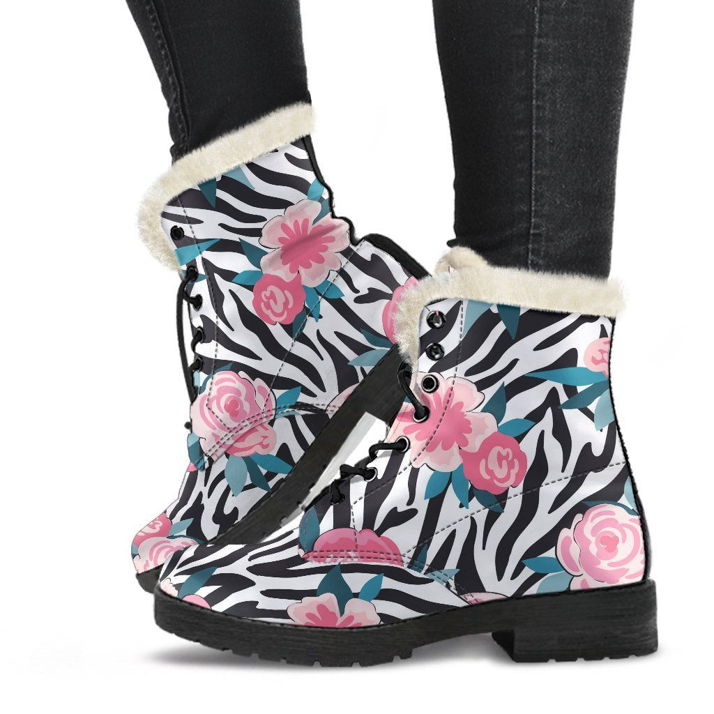 Zebra Floral Faux Fur Leather Boots for the Hippie Soul - 1