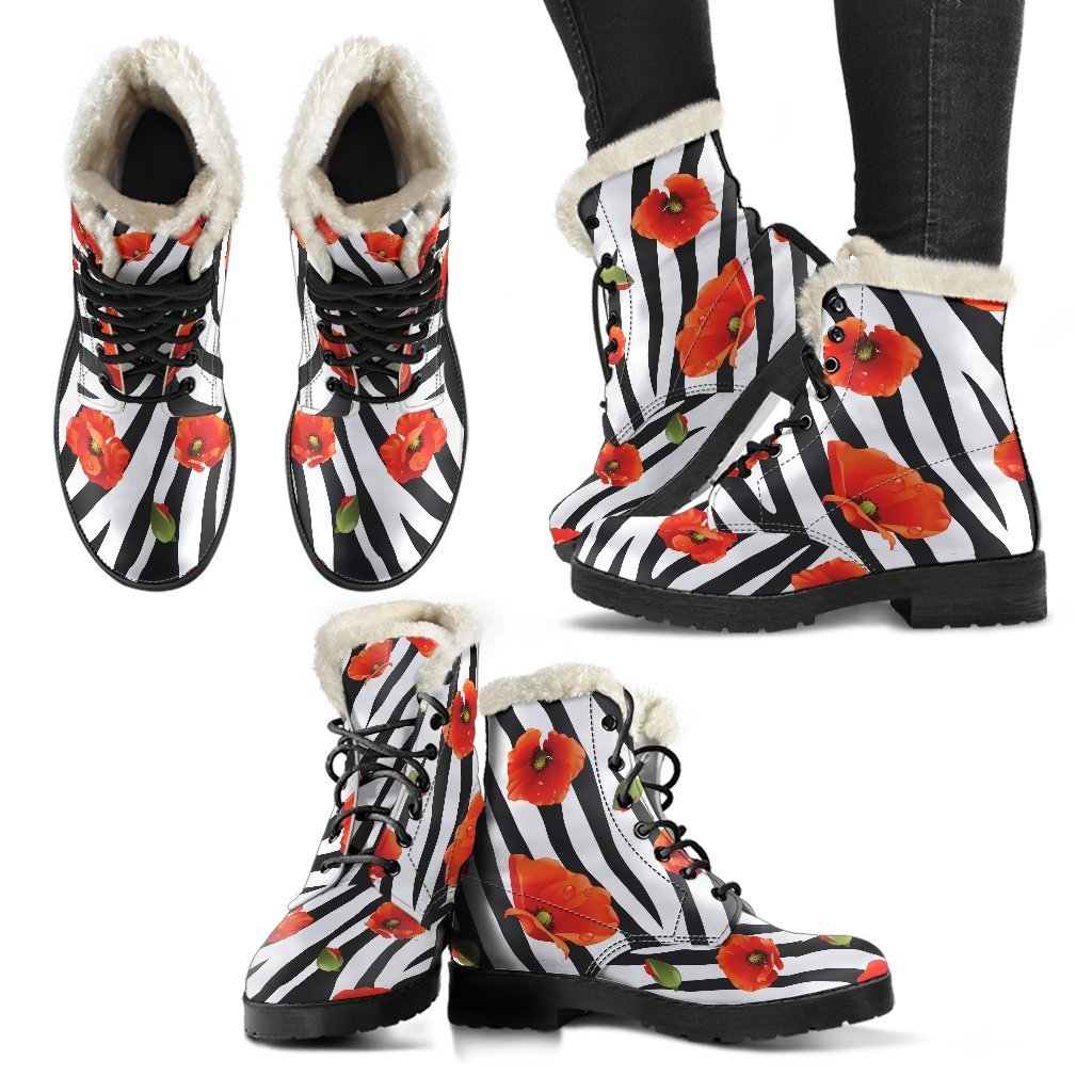 Stylish Black and White Zebra Flower Pattern Faux Fur Leather Boots for Hippie Fashionistas - 2