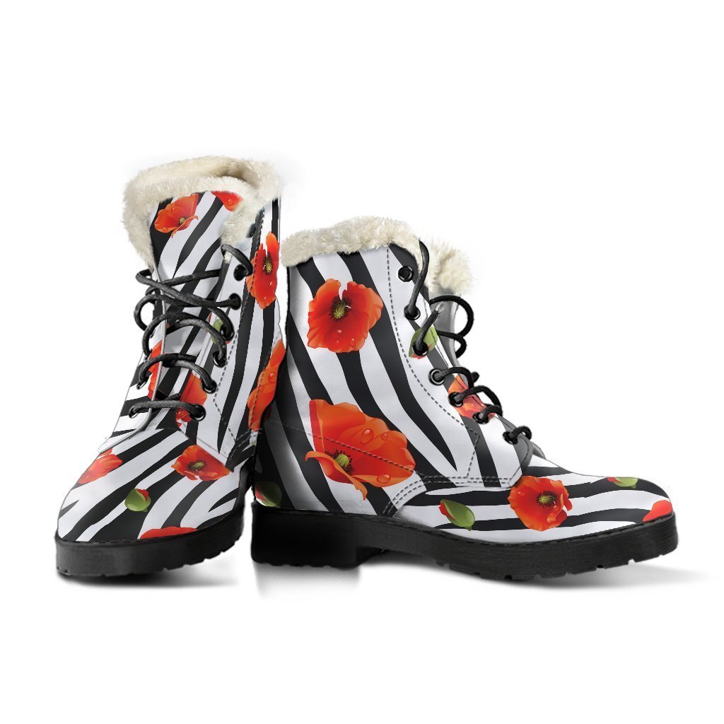 Stylish Black and White Zebra Flower Pattern Faux Fur Leather Boots for Hippie Fashionistas - 3