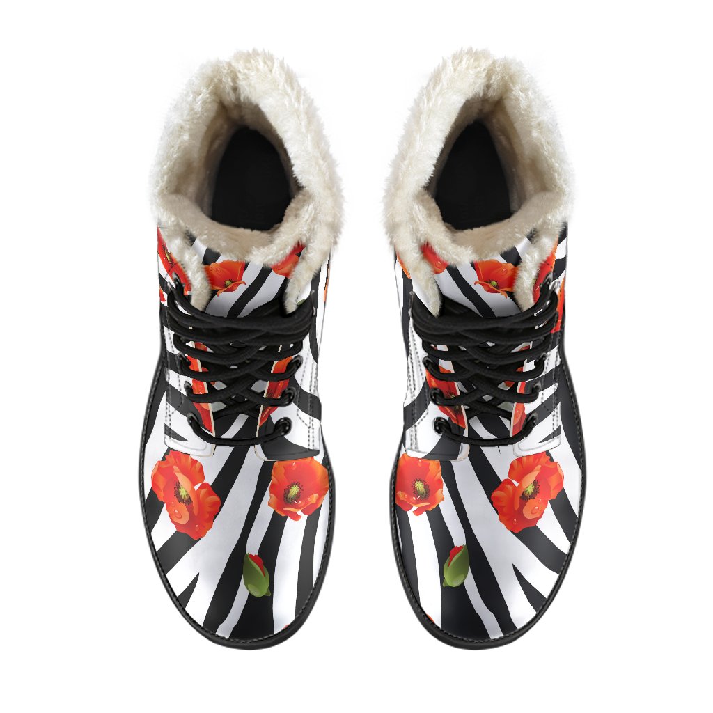 Stylish Black and White Zebra Flower Pattern Faux Fur Leather Boots for Hippie Fashionistas - 4