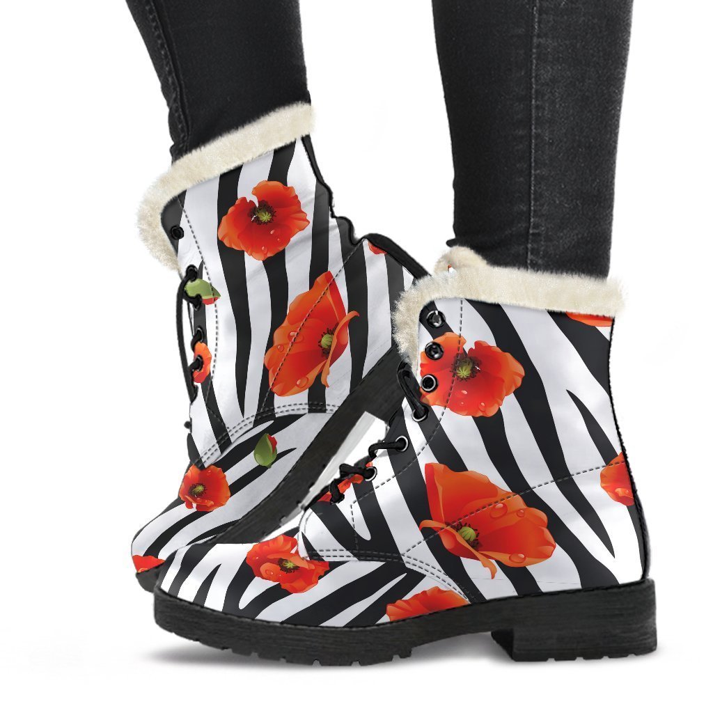 Stylish Black and White Zebra Flower Pattern Faux Fur Leather Boots for Hippie Fashionistas - 1