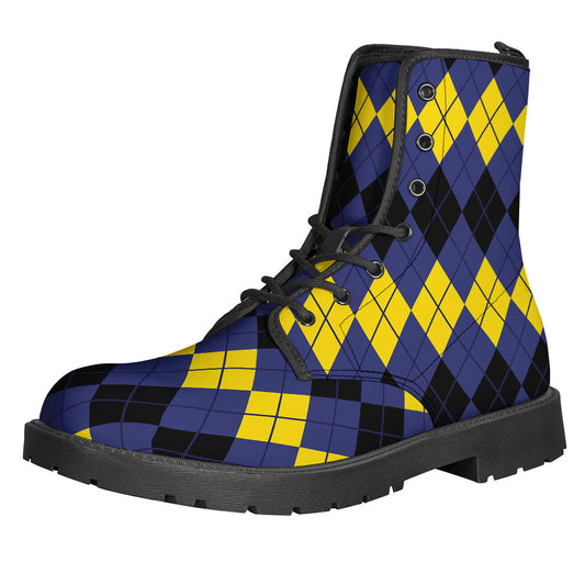 Groovy Leather Lightweight Boots: Black, Yellow, and Blue Argyle Print - 1