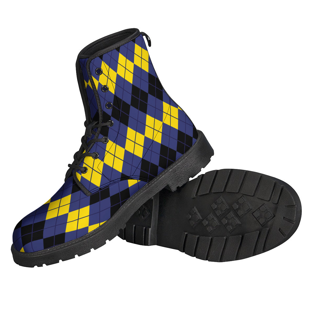 Groovy Leather Lightweight Boots: Black, Yellow, and Blue Argyle Print - 2