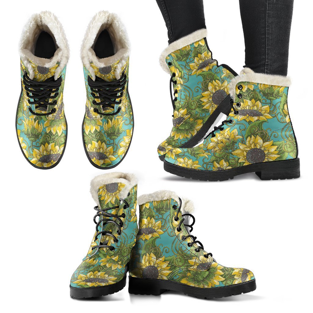 Groovy Blooming Sunflower Faux Fur Leather Boots for the Free-Spirited Hippie - 2