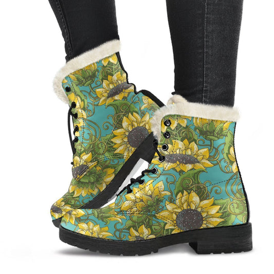 Groovy Blooming Sunflower Faux Fur Leather Boots for the Free-Spirited Hippie - 1