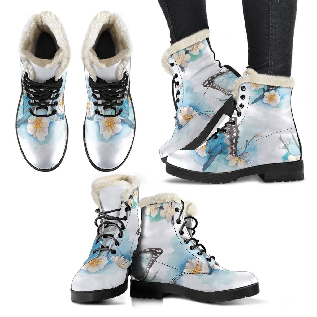 Blossom Blue Butterfly Faux Fur Leather Boots for Groovy Hippies - 2