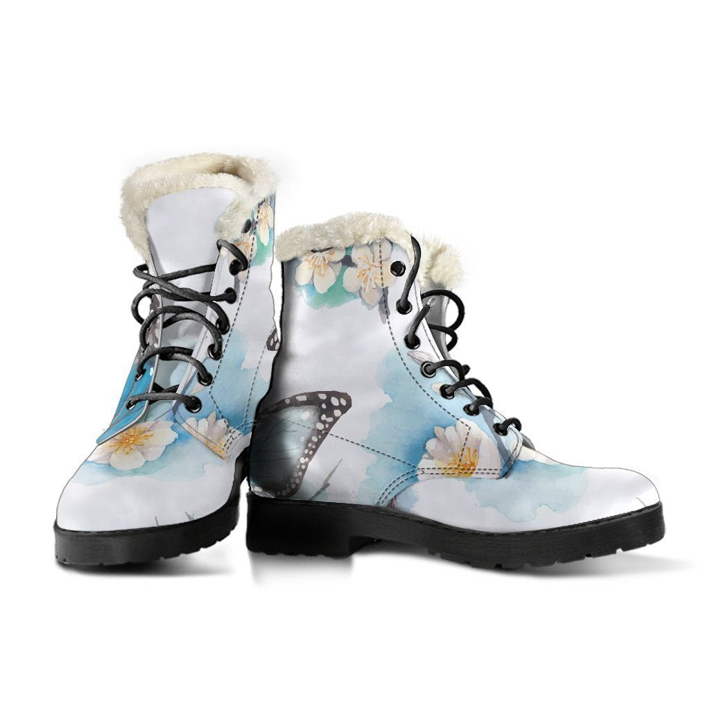 Blossom Blue Butterfly Faux Fur Leather Boots for Groovy Hippies - 3