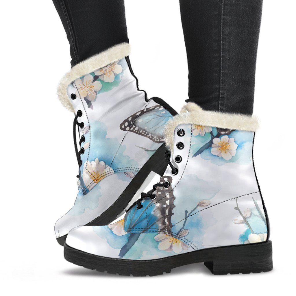 Blossom Blue Butterfly Faux Fur Leather Boots for Groovy Hippies - 1