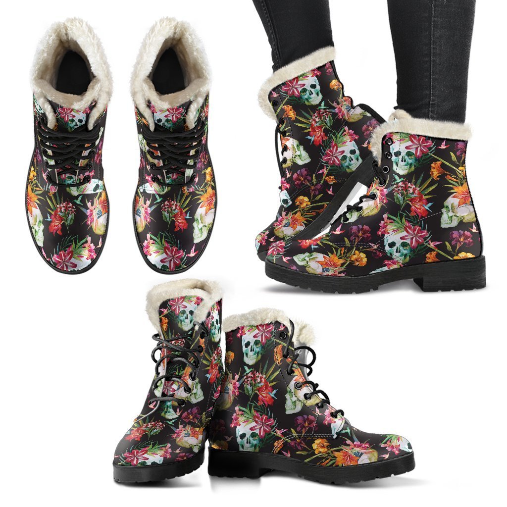 Blossom Flowers Skull Pattern Print Faux Fur Leather Boots: Step Out in Hippie Style! - 2