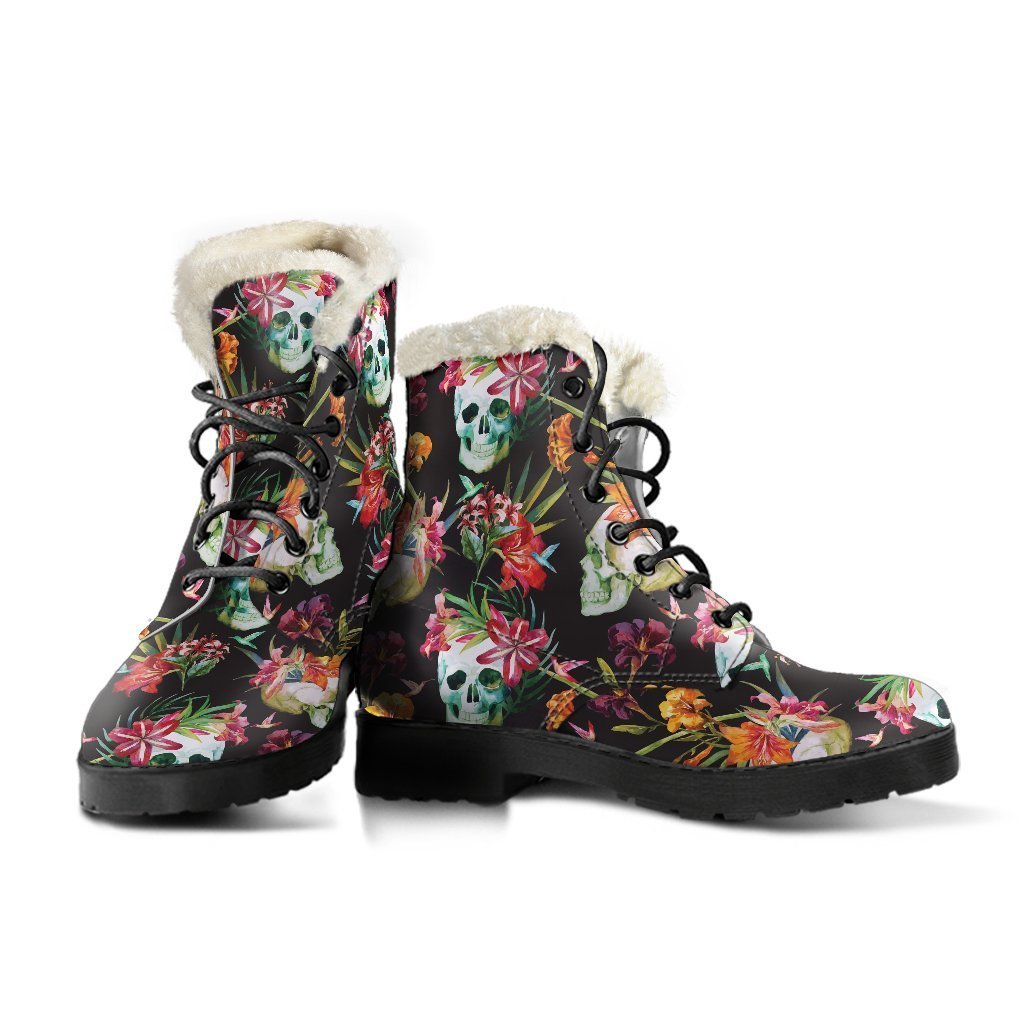 Blossom Flowers Skull Pattern Print Faux Fur Leather Boots: Step Out in Hippie Style! - 3