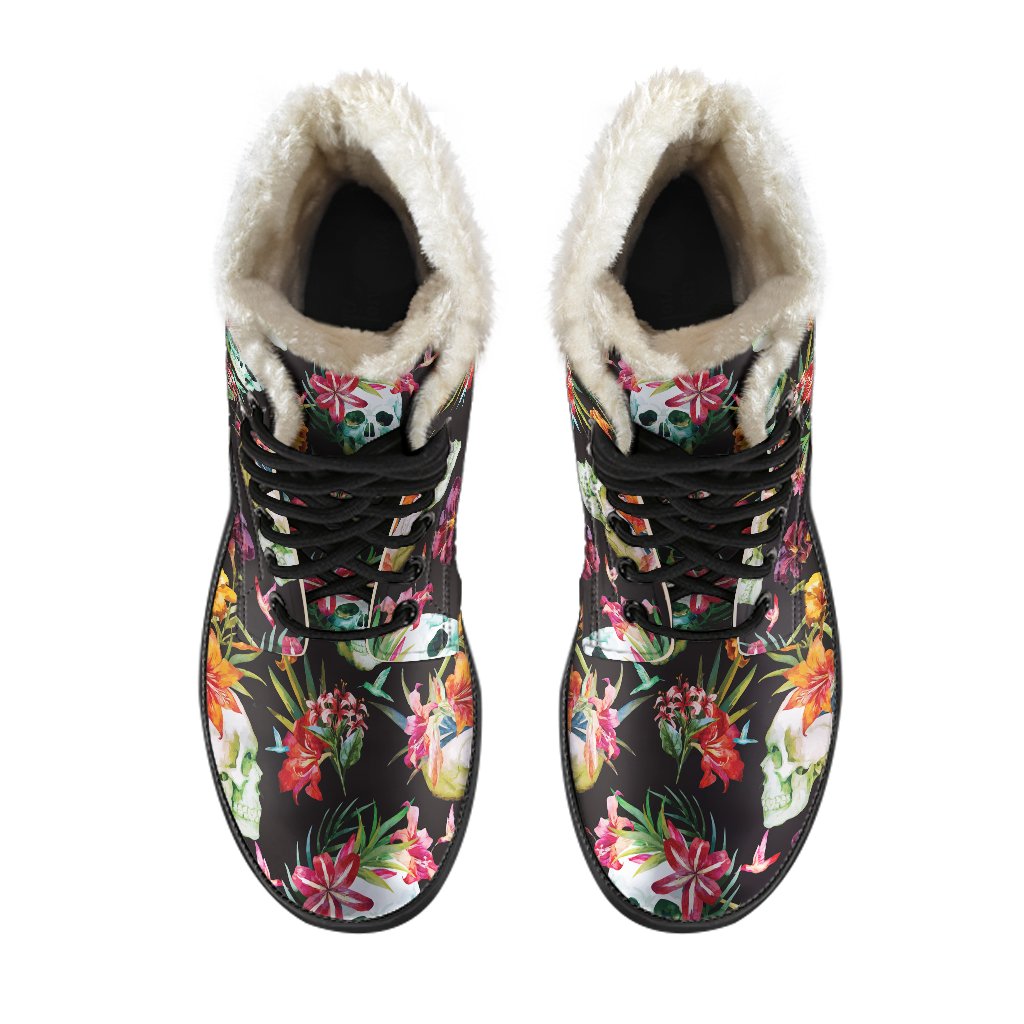 Blossom Flowers Skull Pattern Print Faux Fur Leather Boots: Step Out in Hippie Style! - 4