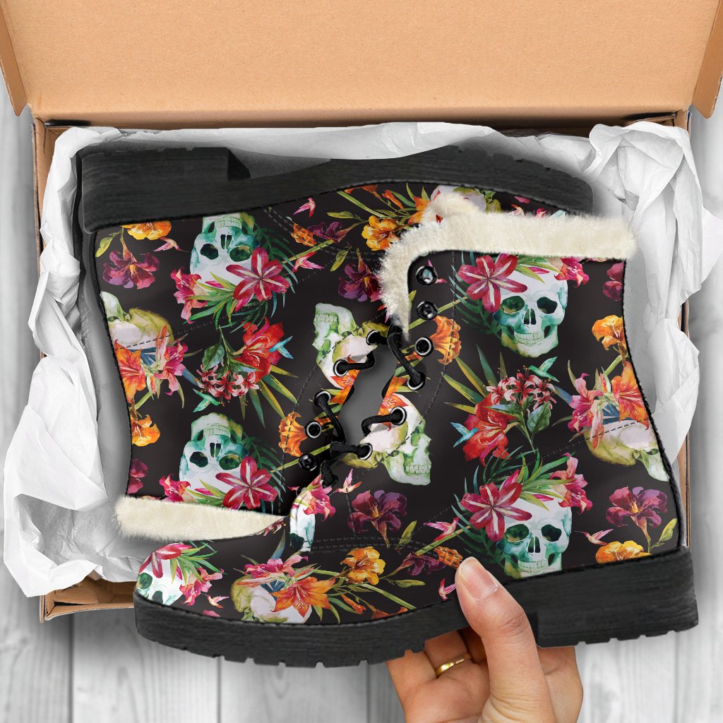 Blossom Flowers Skull Pattern Print Faux Fur Leather Boots: Step Out in Hippie Style! - 5