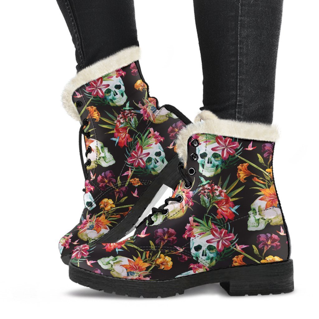 Blossom Flowers Skull Pattern Print Faux Fur Leather Boots: Step Out in Hippie Style! - 1