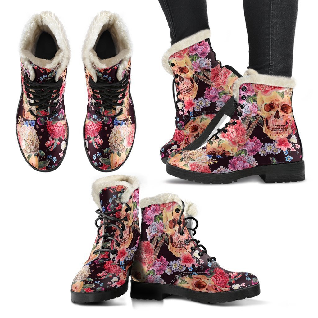 Groovy Vibes: Blossom Peony Skull Pattern Faux Fur Leather Boots for Hippies - 2