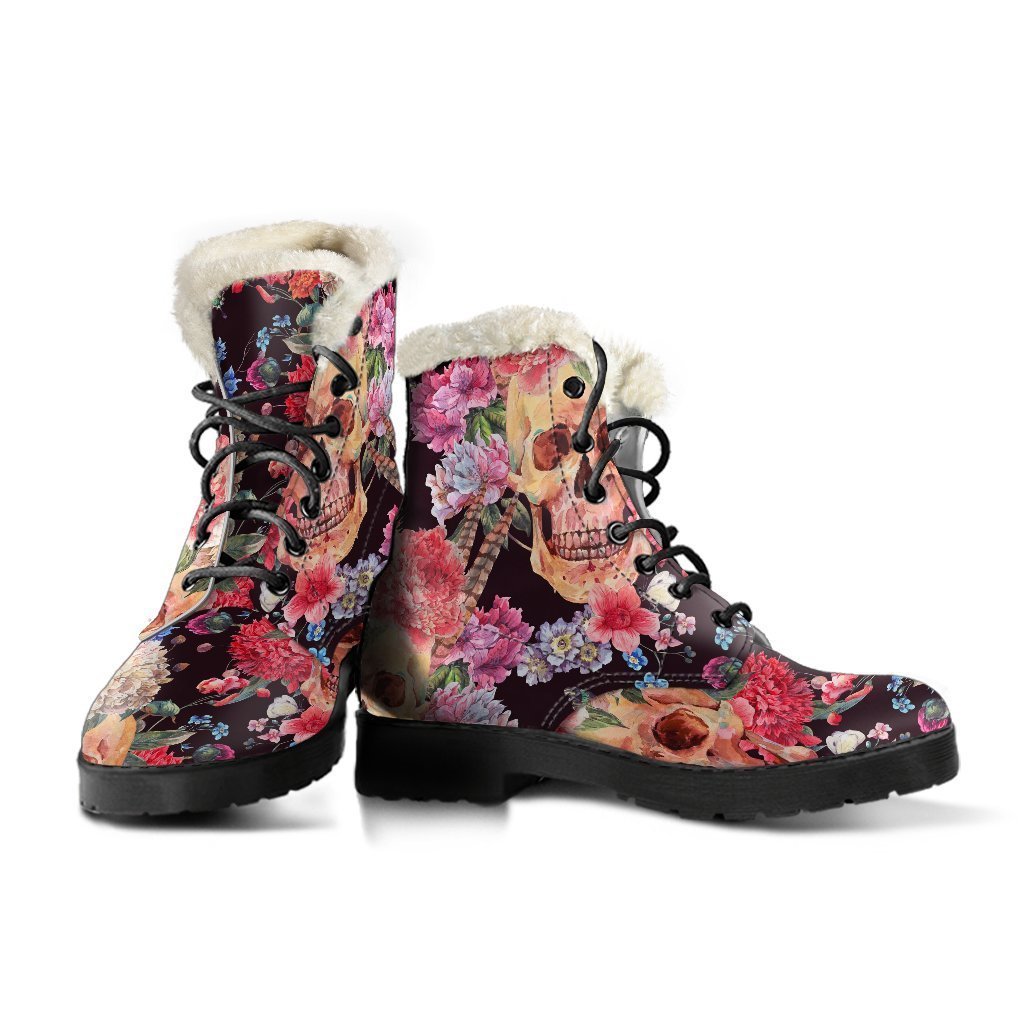 Groovy Vibes: Blossom Peony Skull Pattern Faux Fur Leather Boots for Hippies - 3