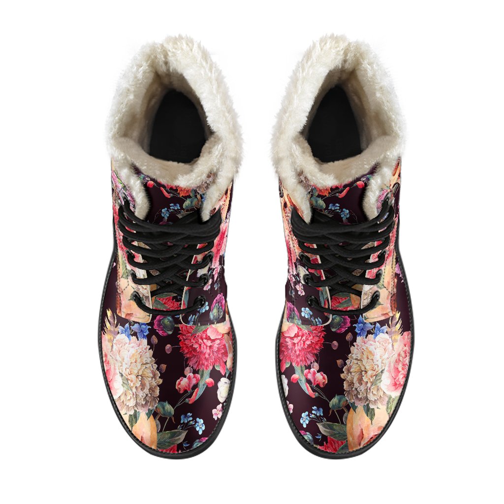 Groovy Vibes: Blossom Peony Skull Pattern Faux Fur Leather Boots for Hippies - 4