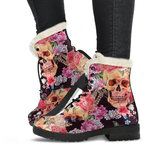 Groovy Vibes: Blossom Peony Skull Pattern Faux Fur Leather Boots for Hippies - 1